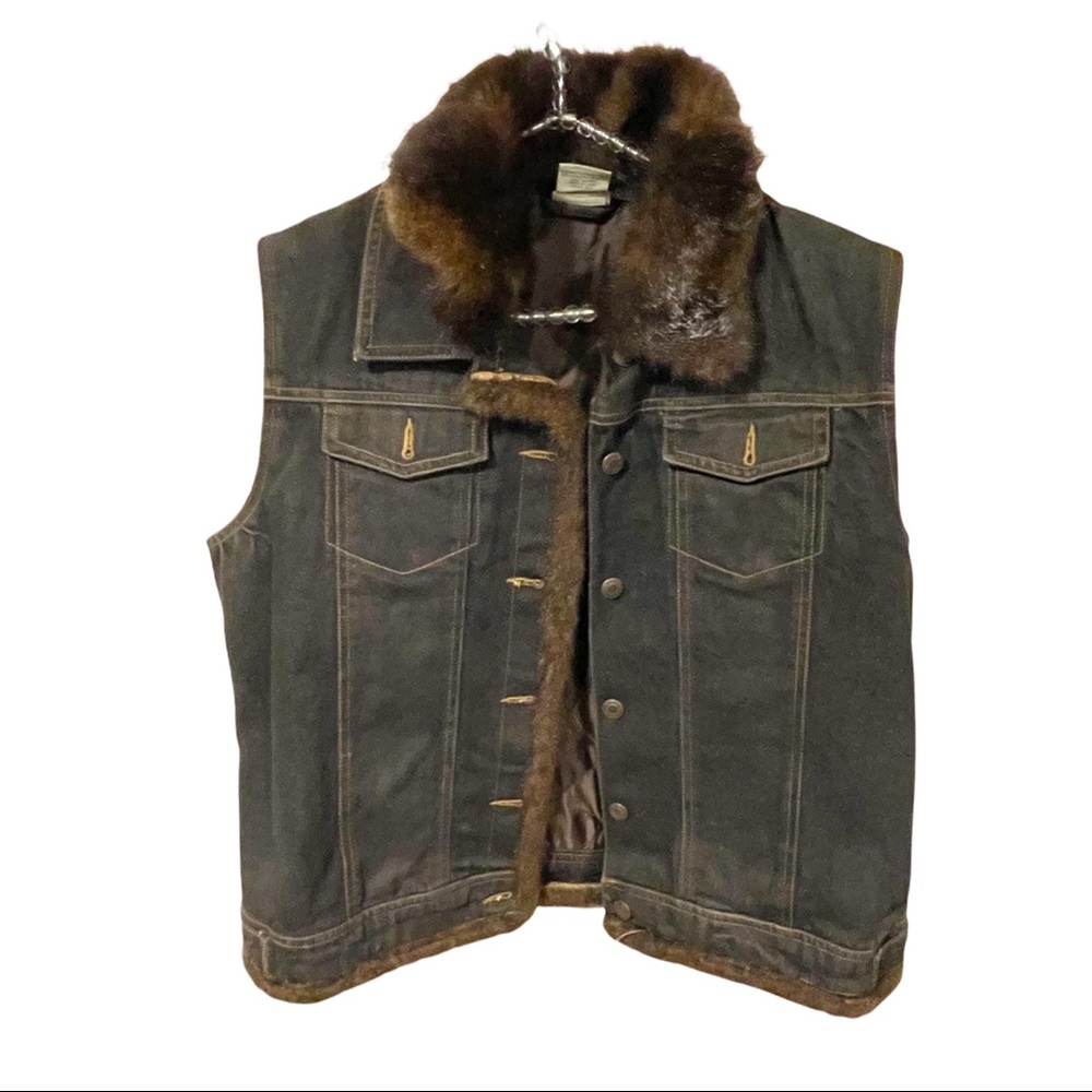 St Johns Bay Large Dark Wash Faux Fur Lined Cotton‎ Denim Jean Vest